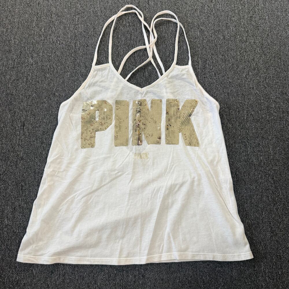 Vintage Y2k Victoria's Secret Sequin Mcbling Strappy White Tank Top Women's M